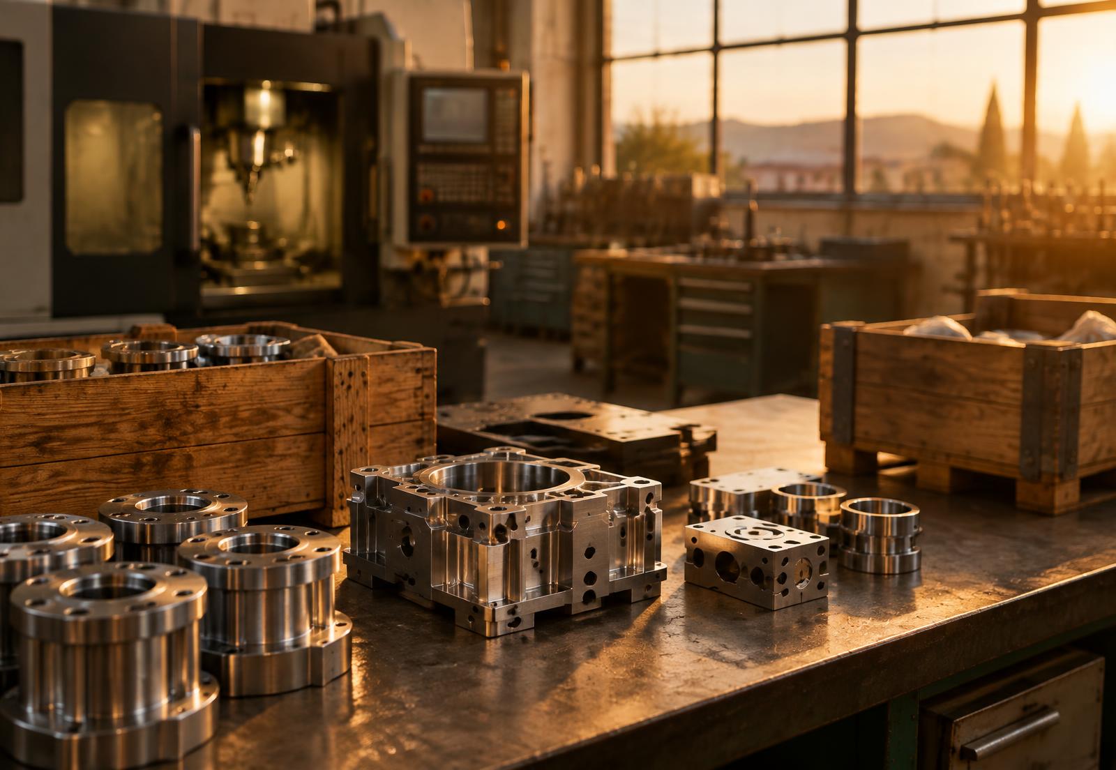 Officina con pezzi meccanici lavorati